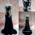 2016 elegant black designer one piece party dress golden handmade embroidery lace sweep train evening dress
